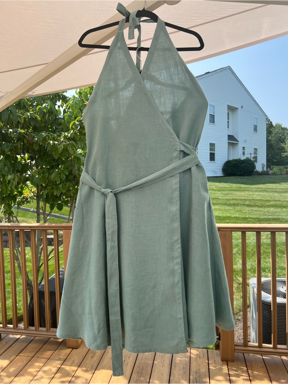 100% European linen Halter true Wrap Midi Dress in teal